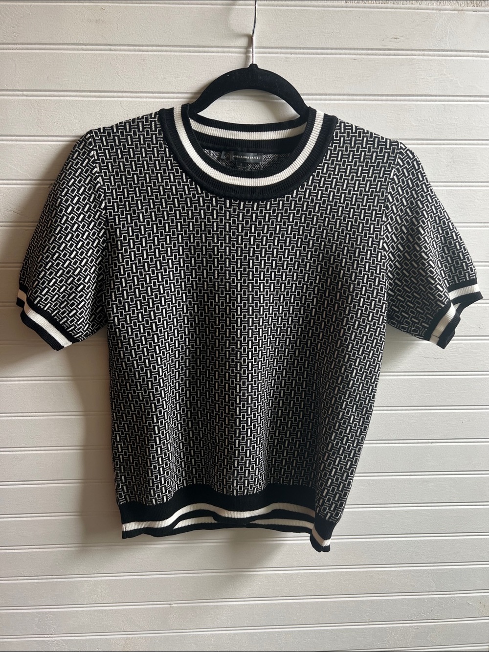 Adrianna Papell Black & White Geometric Knit Short Sleeve Sweater Size Small
